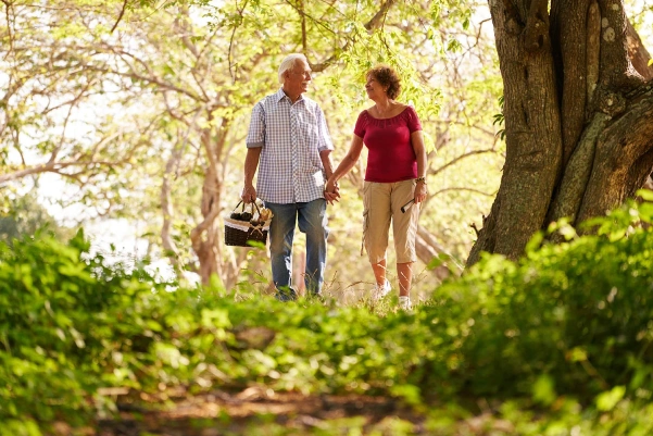 A senior couple enjoying a leisurely walk in the park, hand in hand, surrounded by lush greenery and blooming flowers